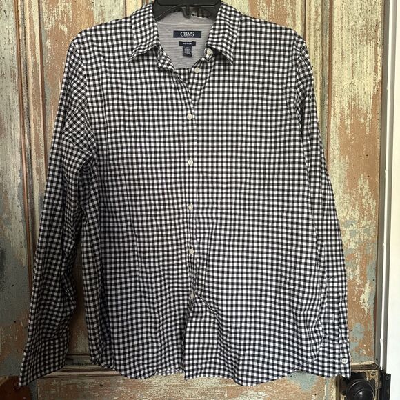 Chaps Women's L  No Iron Black White Checked Long Sleeve Button Down Blouse - Picture 1 of 6